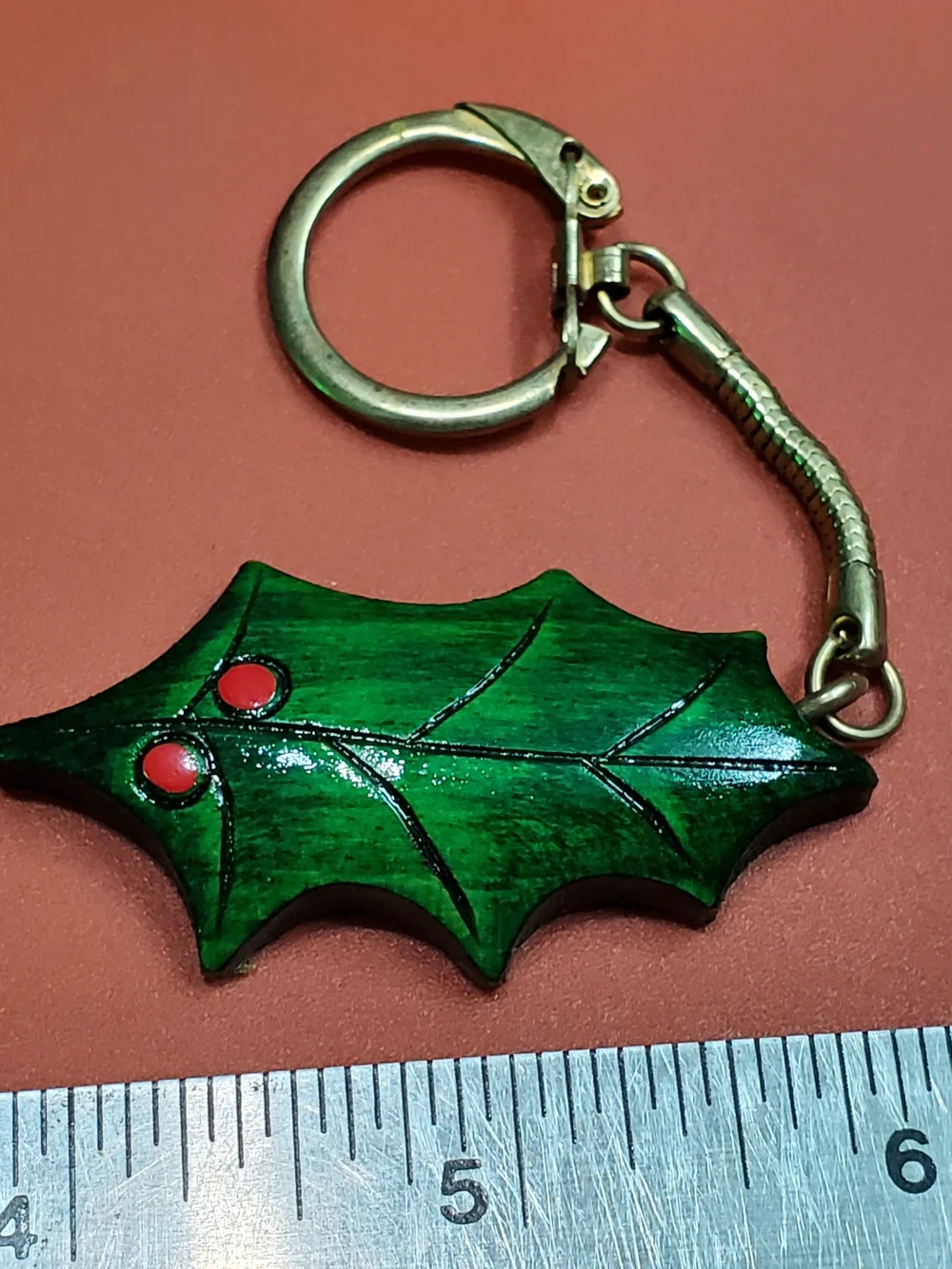 Vintage Handmade Green Holly Leaf Keychain - Holiday Home Accent